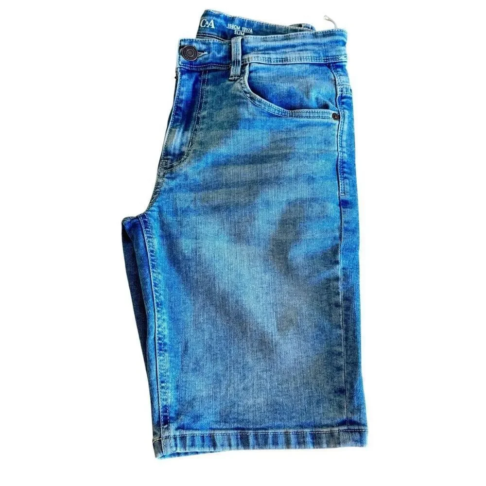 C & A Slim Blue Denim Boys Adjustable  Waist Fly Jeans Shorts Sz 13 #2494